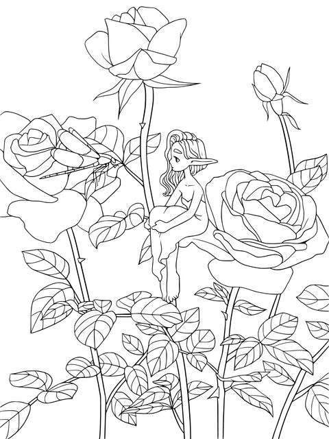 Fairy in the Rose Bush Coloring Page