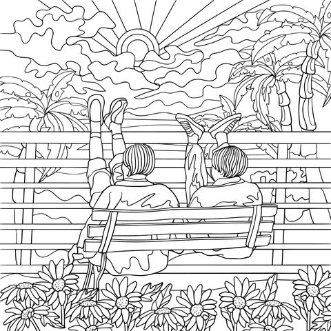 Coloring Page of Two People Relaxing on a Bench