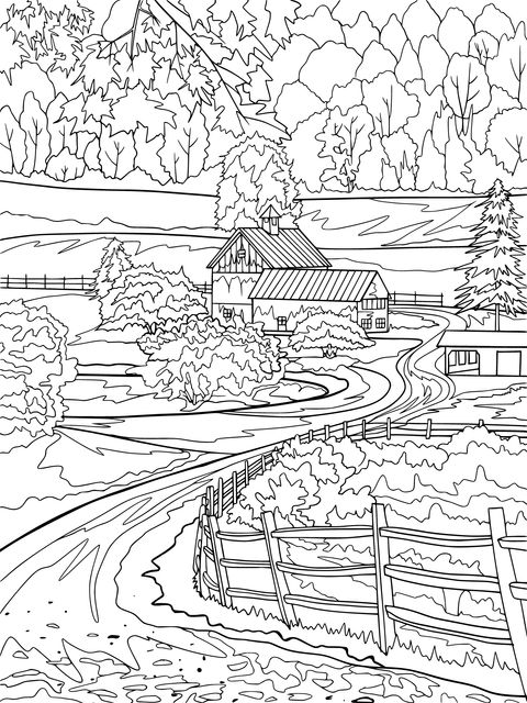 Rural Scenery Coloring Page