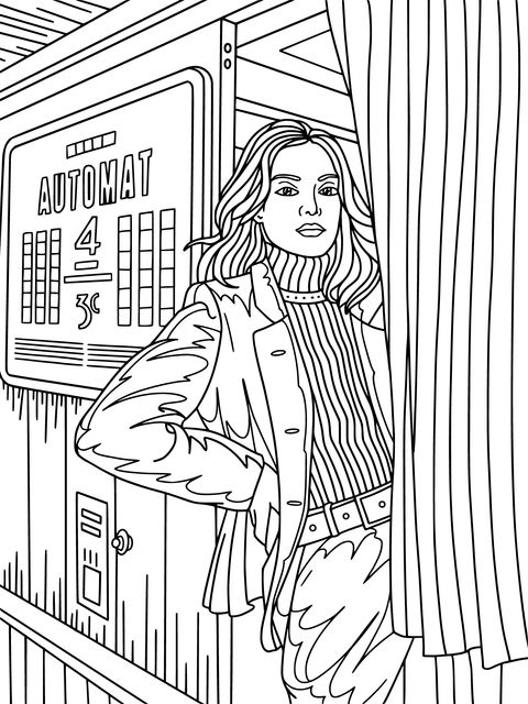 Fashionable Woman in Front of a Retro Vending Machine Coloring Page