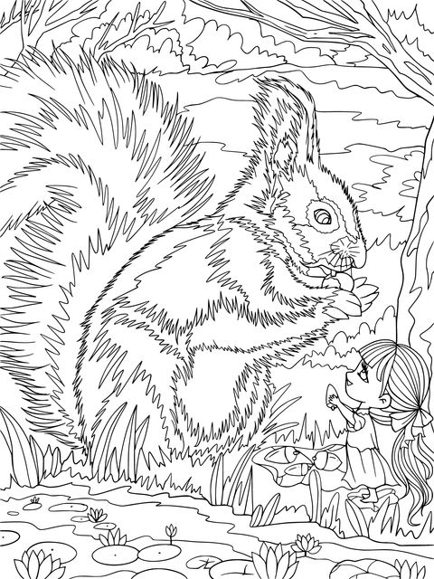 Página para Colorear: Aventura en el Bosque de una Ardilla y una Niña