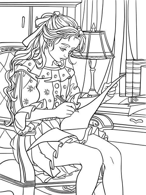 Girl writing under the lamp