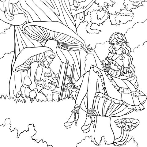 Fairytale Scene Coloring Page: Girl and Painter under Mushroom Tree