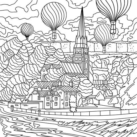 Coloring Page of a Town Scenery under Hot - air Balloons