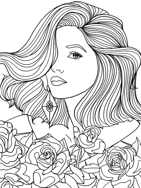 Blue - Haired Woman and Red Roses Coloring Page