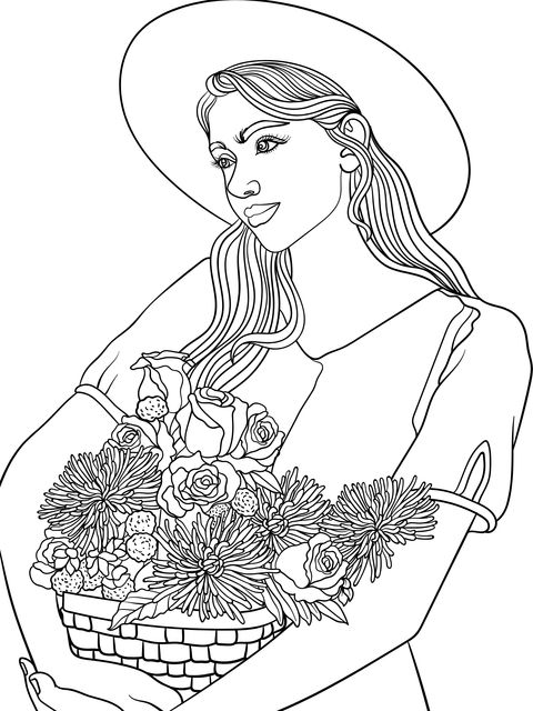 Página para Colorir de uma Mulher Com um Cesto de Flores