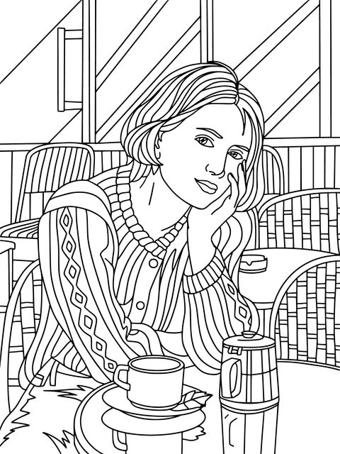 Coloring Page of a Lady in a Café