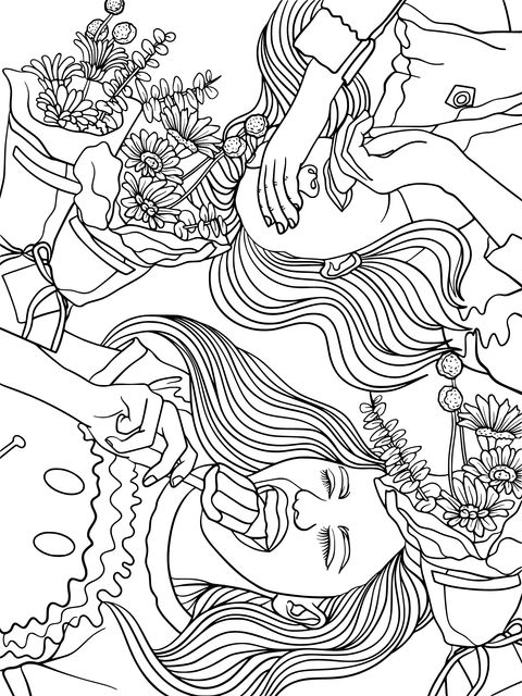 Coloring Page of Girls Enjoying Flowers and Delicacies