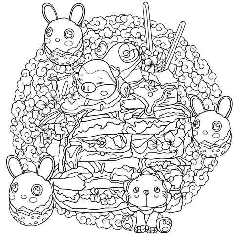 Coloring Page of Adorable Animals and Delicacies