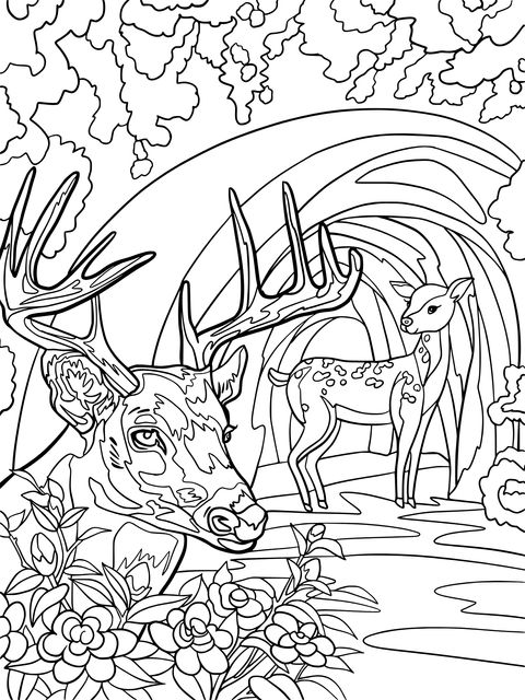 Deer Coloring Page by a Forest Cave