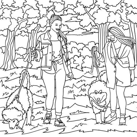 Coloring Page of Dog - walking in an Autumn Park