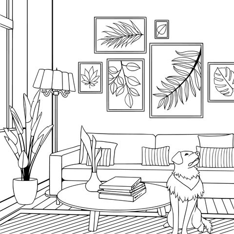 Cozy Living Room and Adorable Dog Coloring Page