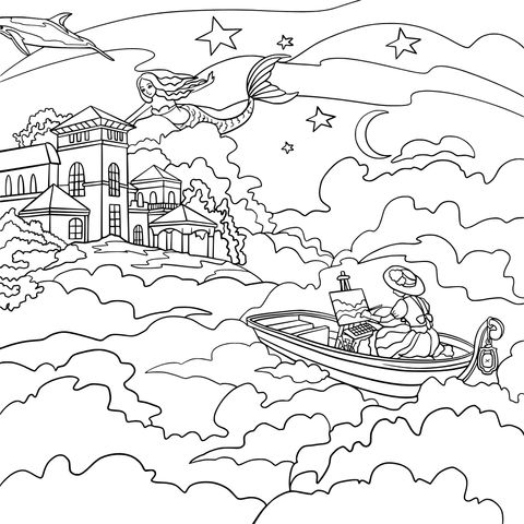 Fantasy Cloud - Mermaid and Lady in Boat Coloring Page