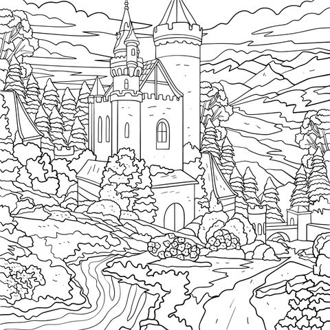 Página de Colorear de un Castillo de Cuento de Hadas y Paisaje