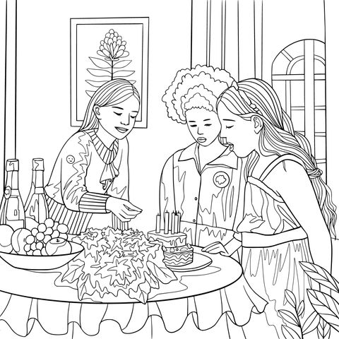 Coloring Page of Three Ladies Celebrating