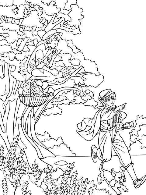 Boyish Fun Under the Tree: Coloring Page