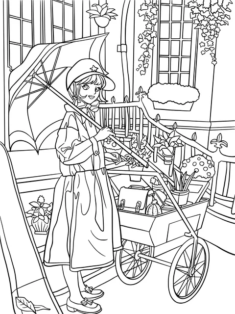 Girl Pushing a Flower - Cart with an Umbrella