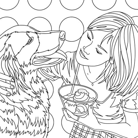 Página para colorear de una chica y un perro labrador retriever en una interacción dulce