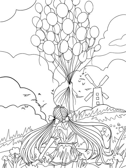 Coloring Page of a Little Girl Releasing Balloons