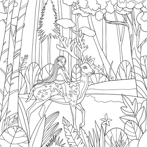 Coloring Page: A Girl Riding a Deer in a Forest Adventure