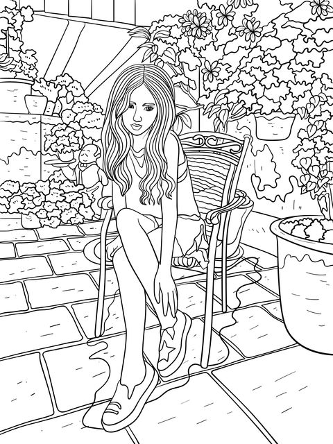 A Girl in an Autumn Garden Coloring Page