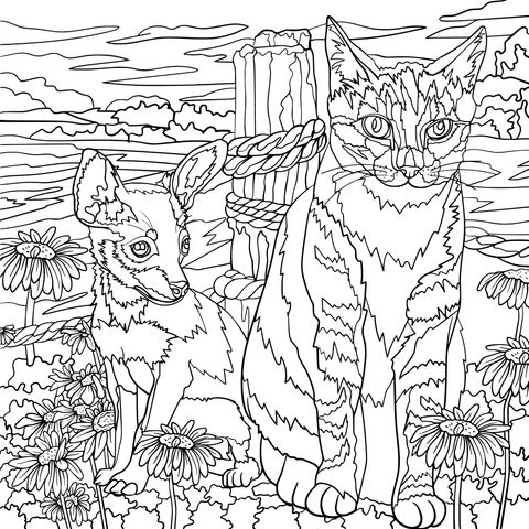 Página para colorear de un gato y un perro en una escena pastoral