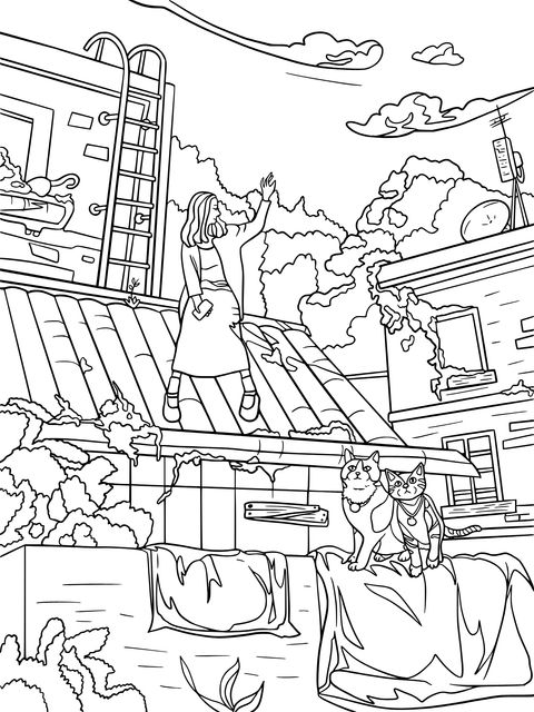 Girl and Cats on the Roof Coloring Page