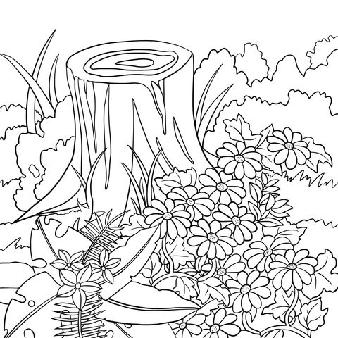 Coloring Page of Flowers and Greenery beside a Tree - stump