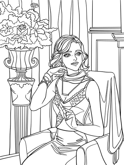 Coloring Page of an Elegant Lady Relaxing Indoors