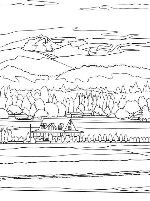 Rural Landscape Coloring Page: Mountain Residence and Natural Scenery