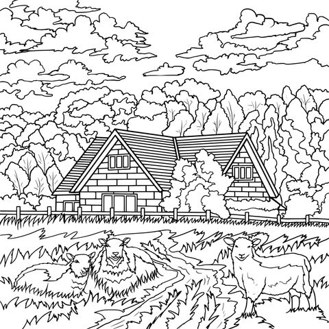 秋の田園の小屋の塗り絵ページ