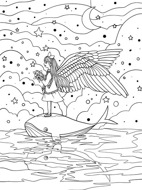 Winged girl riding a whale in the night sky