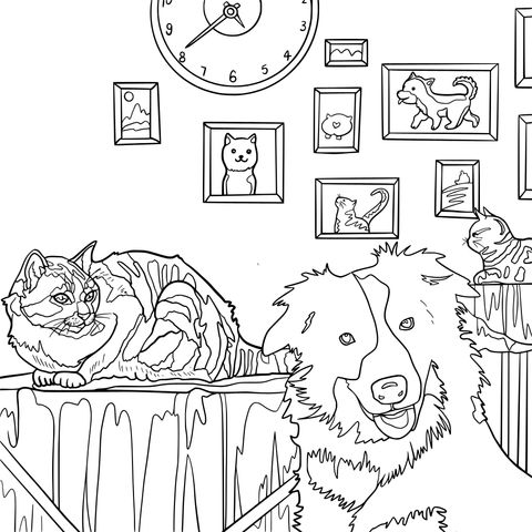 Página de Colorear de una Escena Interior con Gatos y Perros Adorables