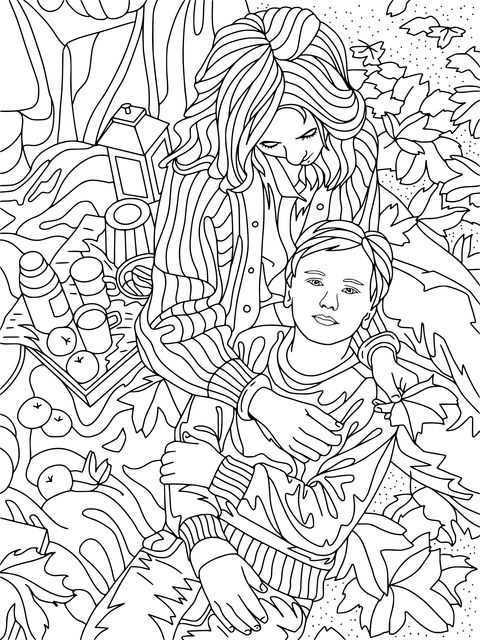 Autumn Parent - Child Picnic Coloring Page