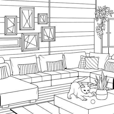 Coloring Page of a Cozy Living Room with a Playing Cat