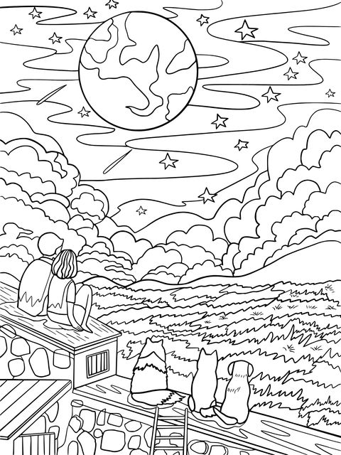 Romantic Star - filled Sky Coloring Page with Parents - child and Adorable Pets