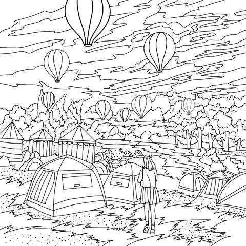 Camping and Hot - Air Balloons Coloring Page