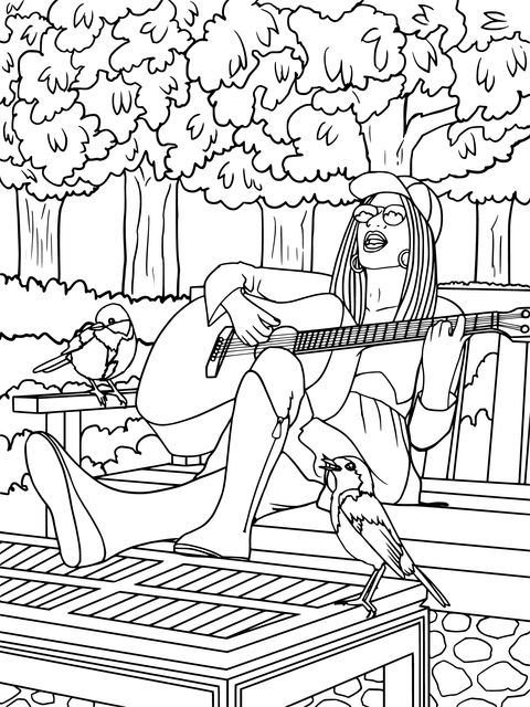 Woman playing the guitar on a park bench with birds