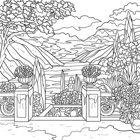 Beautiful Garden and Lake View Coloring Page