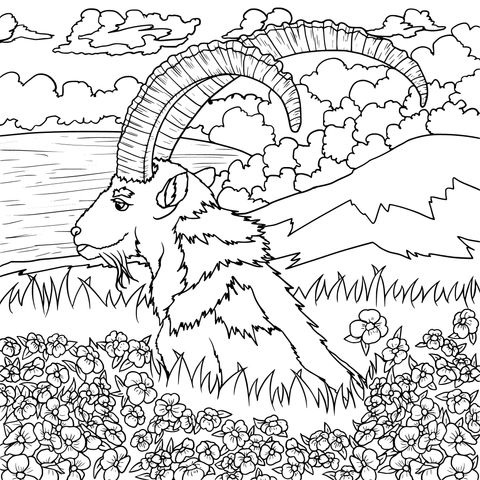 Goat in Flower - filled Scenery Coloring Page