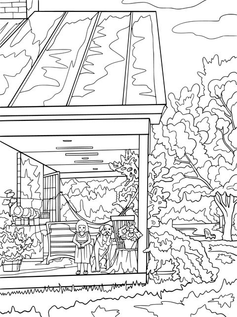 Coloring Page of a Greenhouse and Garden Scene