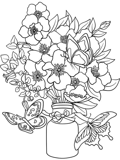 Colorful Flowers and Butterflies Coloring Page