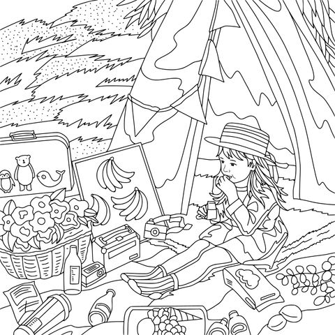 Coloring Page of a Girl Enjoying Leisure Time at a Campsite