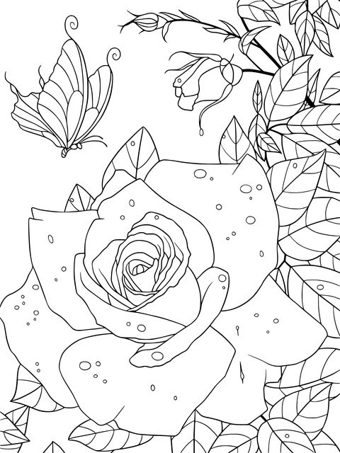 Rose Coloring Page with Butterfly