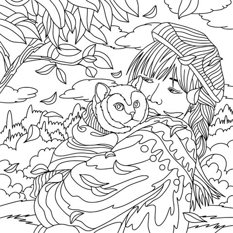 Warm Autumn Coloring Page of a Girl and a Cat