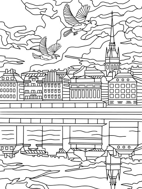 Cityscape Coloring Page: Flying Birds and Colorful Buildings