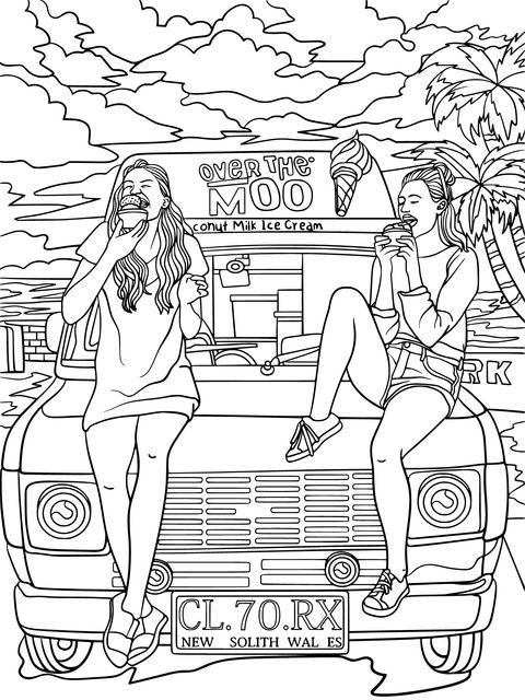 Coloring Page: Two Girls Enjoying Treats in Front of a Pink Ice - Cream Van