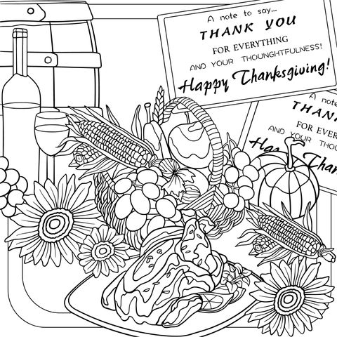 Thanksgiving - themed Coloring Page: Abundant Food and Thank - you Messages