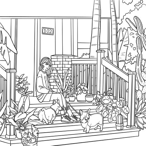 Coloring Page of a Girl and Corgis on the Front Door Steps