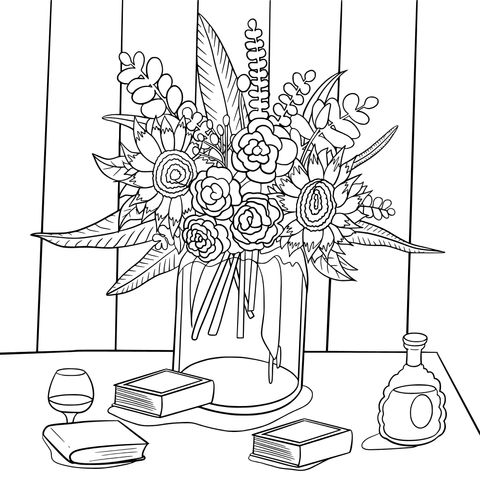 Coloring Page of Vase with Flowers, Books and Red Wine